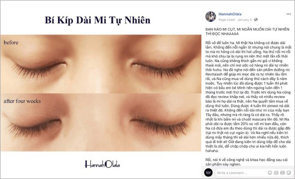 Beauty Blogger làm đẹp HannahOlala chia sẻ hình ảnh lông mi của mình sau khi dùng dưỡng mi Revitalash Advanced sau 4 tuần