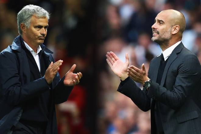 HLV Mourinho (trái) chuẩn bị có màn đối đầu với HLV Guardiola