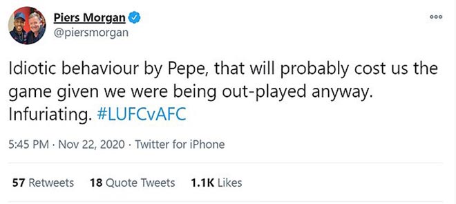 Cựu danh thủ Lineker và nhà báo fan Arsenal Piers Morgan chỉ trích hành động ngu ngốc của Pepe