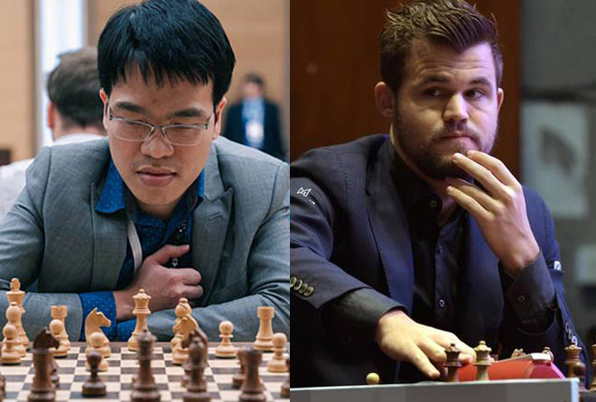 Quang Liêm (trái) lần đầu hòa được Vua cờ Carlsen (phải)