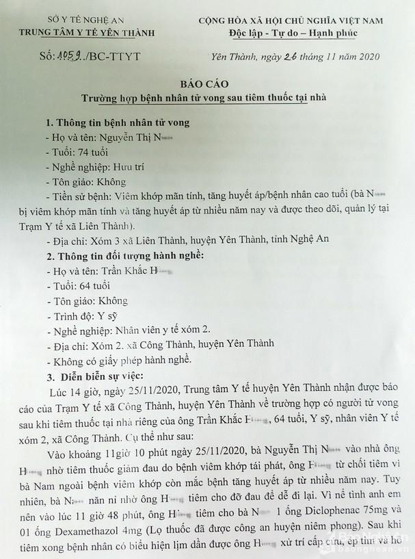 Báo cáo của Trung tâm Y tế huyện Yên Thành về vụ việc - Ảnh: Báo Nghệ An