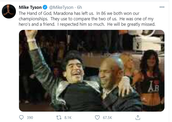 Huyền thoại Boxing Mike Tyson (phải) vĩnh biệt Maradona