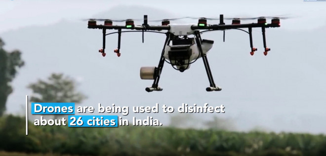 Ấn Độ dùng thiết bị bay không người lái để phun thuốc khử khuẩn phòng chống Covid-19Ảnh: inDIA