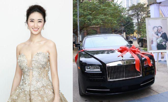 Hoa hậu Thu Ngân hạnh phúc khi được ông xã tặng Rolls-Royce Wraith 40 tỉ. Ảnh: NSCC