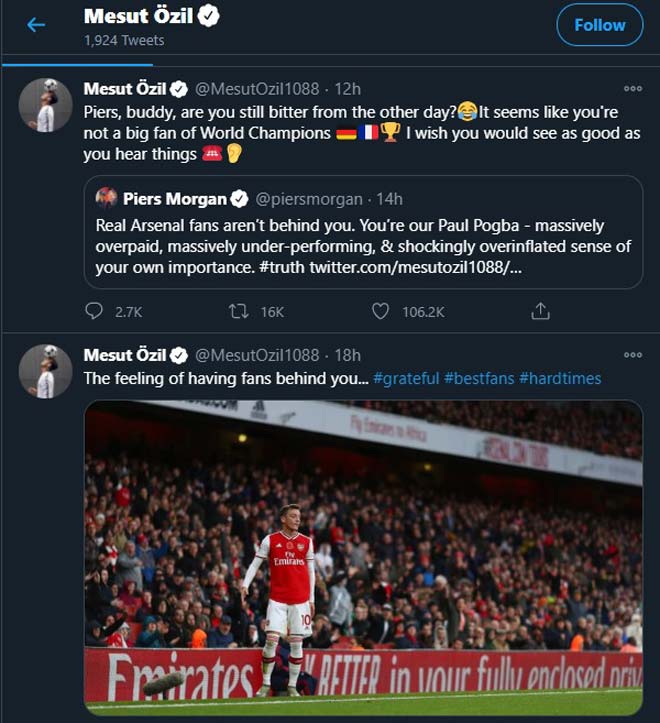 Sự vụ trên Twitter giữa Ozil và Morgan