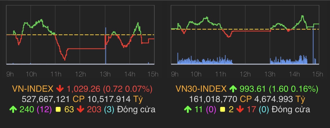 VN-Index chốt phiên giảm nhẹ chưa đầy 1 điểm về mốc 1029,26 điểm.&nbsp;