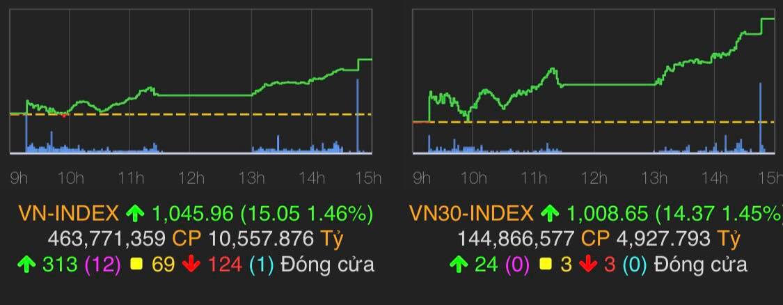 VN-Index tăng 15,05 điểm (1,46%) lên 1.045,96 điểm.&nbsp;