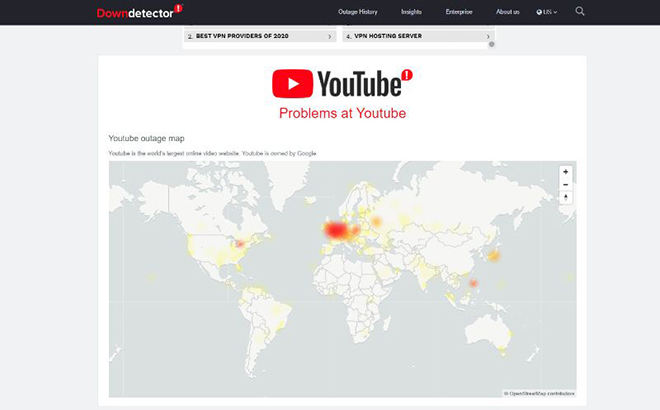 Thông báo về sự cố với YouTube trên DownDetector.