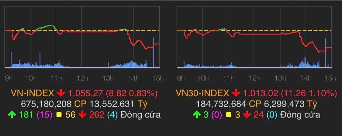 VN-Index giảm 8,82 điểm (-0,83%) xuống 1.055,27 điểm.