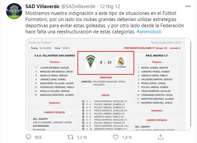 Sự bức xúc cực độ của SAD Villaverde Andreas khi họ thua đến 31 bàn không gỡ trong trận đấu với đội U9 Real Madrid được CLB này thể hiện trên twitter với bức ảnh chụp lại tỷ số kinh hoàng kể trên