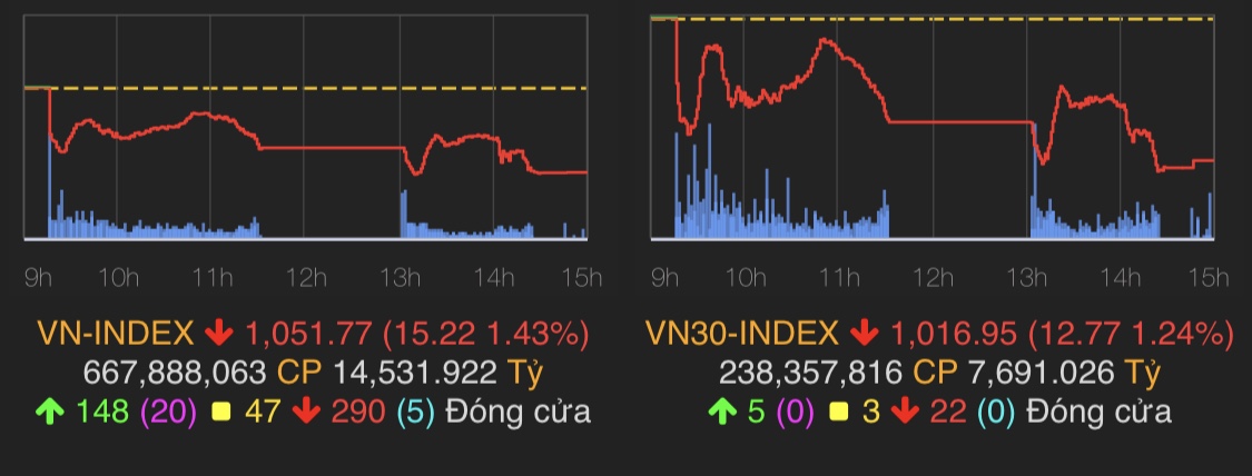 VN-Index giảm 15,22 điểm còn 1.051,77 điểm tương ứng 1,43%.