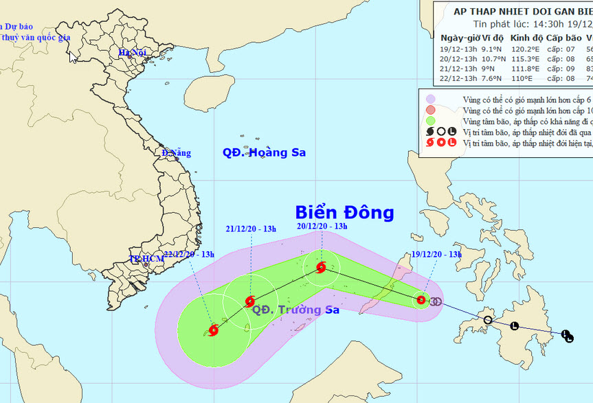 Dự báo áp thấp nhiệt đới sẽ mạnh lên thành bão trong sáng mai, 20/12