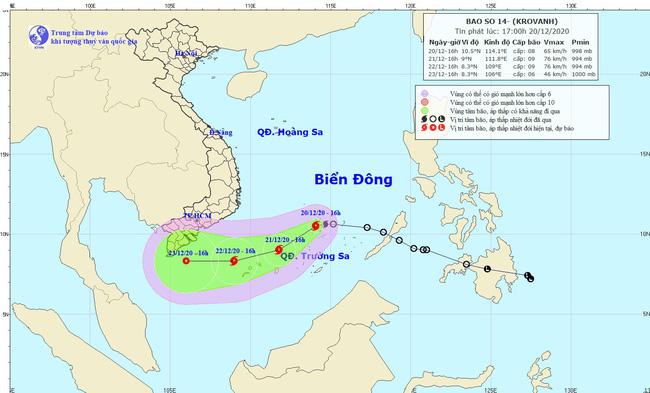 Hồi 16 giờ ngày 20/12, vị trí tâm bão số 14 (bão Krovanh) cách đảo Song Tử Tây (quần đảo Trường Sa) khoảng 120km về phía Nam. Ảnh: Trung tâm Dự báo Khí tượng thủy văn quốc gia.