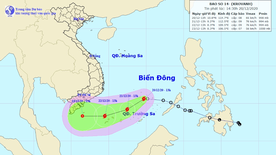 Vị trí và hướng di chuyển tiếp theo của bão số 14 Krovanh.