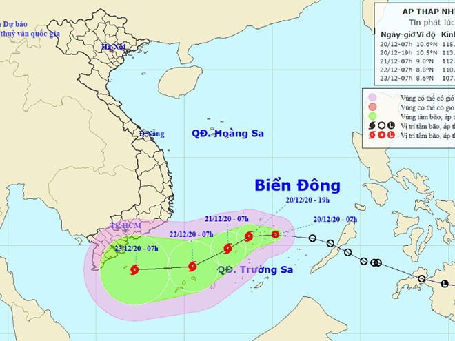 Vị trí và hướng di chuyển tiếp theo của áp thấp nhiệt đới (Ảnh: Trung tâm Dự báo KTTVQG)