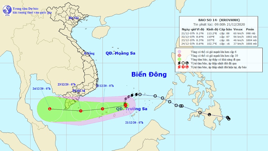 Vị trí và hướng di chuyển tiếp theo của bão số 14 Krovanh. (Ảnh: Trung tâm Dự báo KTTVQG)