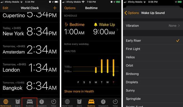 Tính năng Bedtime trong ứng dụng Clock trên iOS 13. Ảnh: Digitaltrends