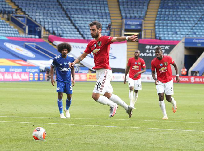 Bruno Fernandes sút phạt đền kiểu nhảy chân sáo giúp MU thắng Leicester City trên sân khách mùa trước ở giải Ngoại hạng Anh để đoạt vé dự Champions League