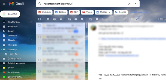 Xóa những email có tệp đính kèm dung lượng lớn. Ảnh: MINH HOÀNG