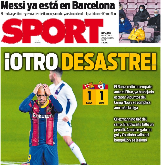 Tờ Sport gọi trận hòa của Barcelona là "một thảm họa"