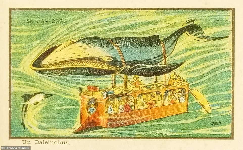 Bức họa xe bus dưới biển được vận chuyển bằng cá voi vẽ vào năm 1899 (ảnh: Daily Mail)