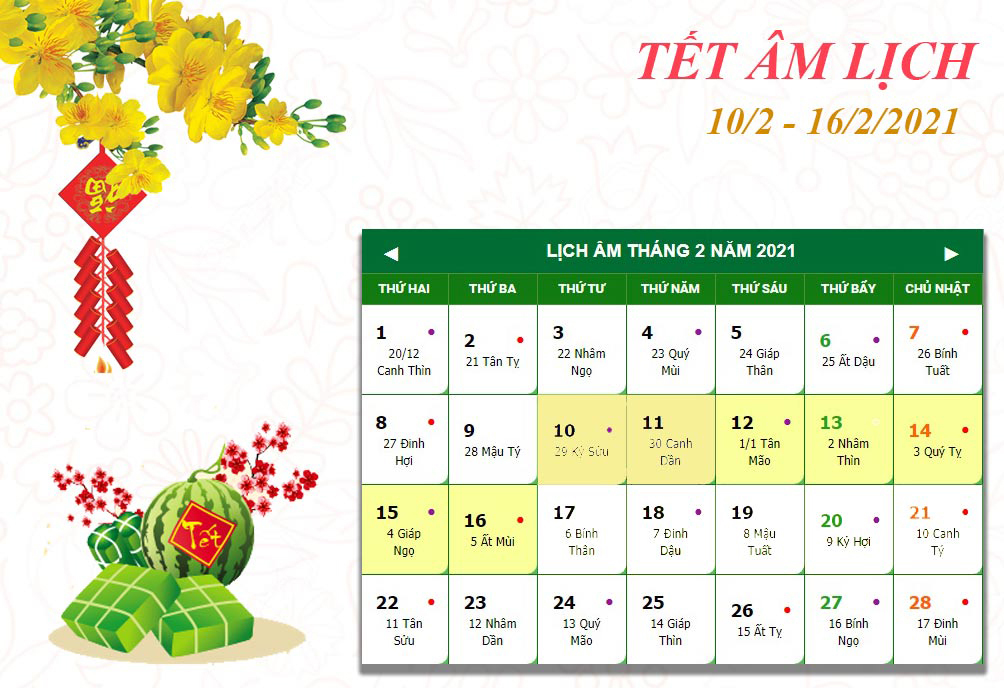 Lịch nghỉ chi tiết các ngày lễ, Tết trong năm 2021 - 2