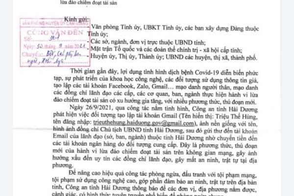 Công an tỉnh Hải Dương ra thông báo về tình trạng mạo danh lãnh đạo tỉnh.