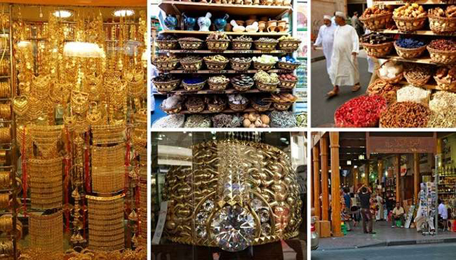 Khu chợ cổ cực kỳ lớn: Khu chợ cổ nhộn nhịp ở quận Deira rất nổi tiếng với những món đồ lấp lánh của những người buôn vàng, gia vị đủ loại, trầm hương và khăn choàng pashmina. 
