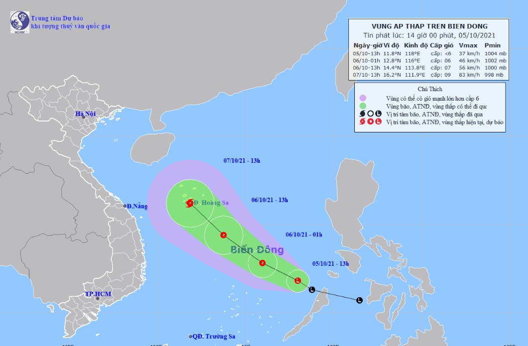 Vị trí và hướng di chuyển tiếp theo của vùng áp thấp trên Biển Đông (Ảnh: Trung tâm Dự báo KTTVQG)