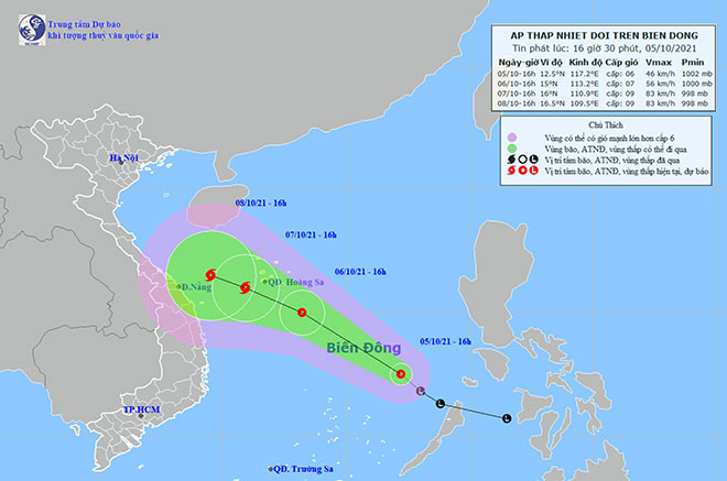 Vị trí và hướng di chuyển tiếp theo của áp thấp nhiệt đới trên Biển Đông. Ảnh: Trung tâm Dự báo KTTVQG.