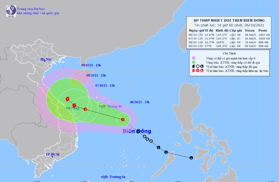 Vị trí và hướng di chuyển tiếp theo của áp thấp nhiệt đới. Ảnh: Trung tâm Dự báo KTTVQG.