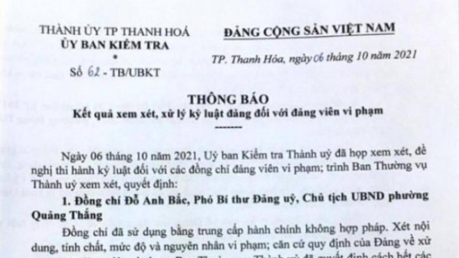 Quyết định xử lý của Thành ủy thành phố Thanh Hóa đối với các cán bộ vi phạm