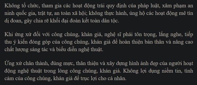 Trích Điều 9 của Dự thảo&nbsp;Quy tắc ứng xử của người hoạt động trong lĩnh vực nghệ thuật