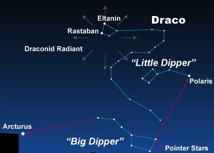 Bản đồ bầu trời giúp xác định chòm sao Thiên Long (Draco) và 2 ngôi sao "mắt rồng'' - Ảnh: EARTHSKY