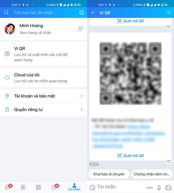 Ví QR trên Zalo hỗ trợ người dùng khai báo di chuyển, tra cứu chứng nhận tiêm chủng vaccine COVID-19. Ảnh: MINH HOÀNG