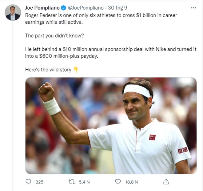 Joe Pompliano tiết lộ việc Federer thu về khoản lợi nhuận 600 triệu đô-la đáng nể ra sao sau khi chia tay Nike