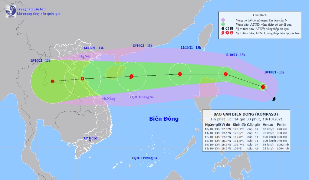 Vị trí và hướng di chuyển tiếp theo của bão Kompasu. Ảnh: Trung tâm Dự báo KTTVQG.