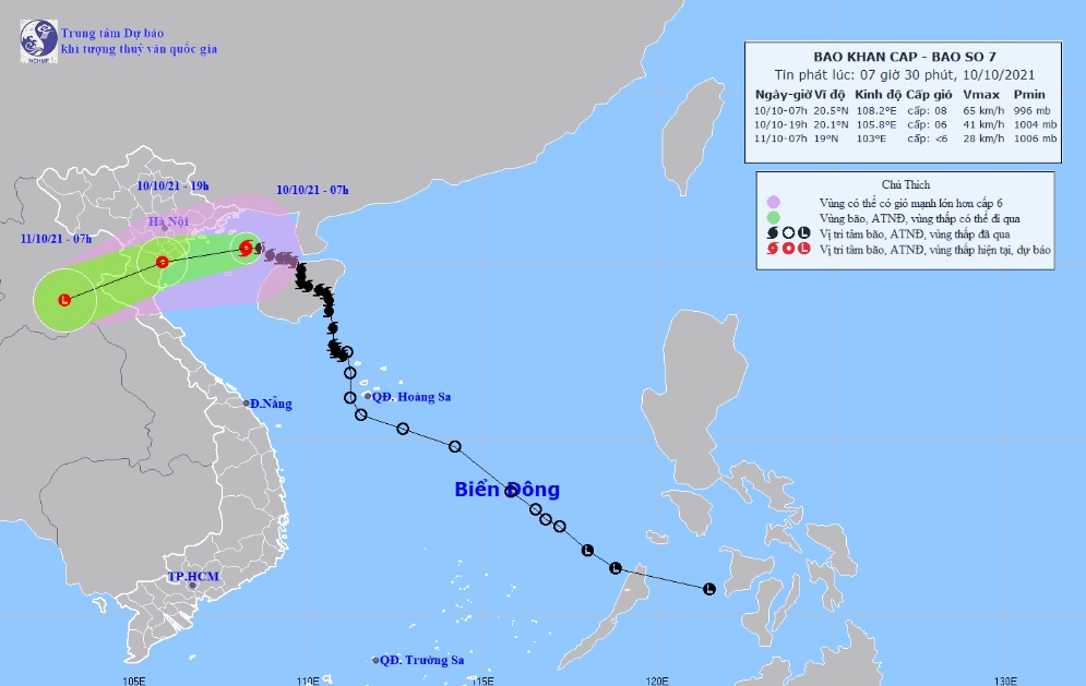 Vị trí và hướng di chuyển tiếp theo của bão số 7 Lionrock. Ảnh: Trung tâm Dự báo KTTVQG.