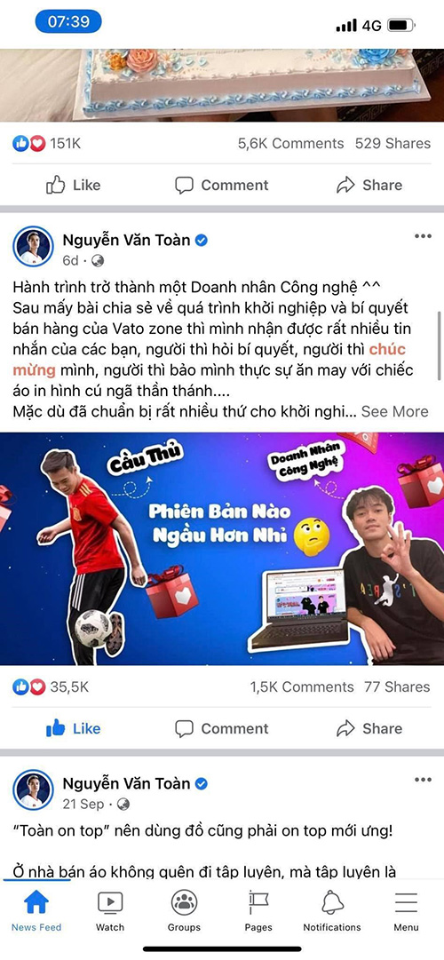 Bài đăng của cầu thủ Văn Toàn thu hút sự chú ý của cư dân mạng với tên gọi “Doanh nhân công nghệ”