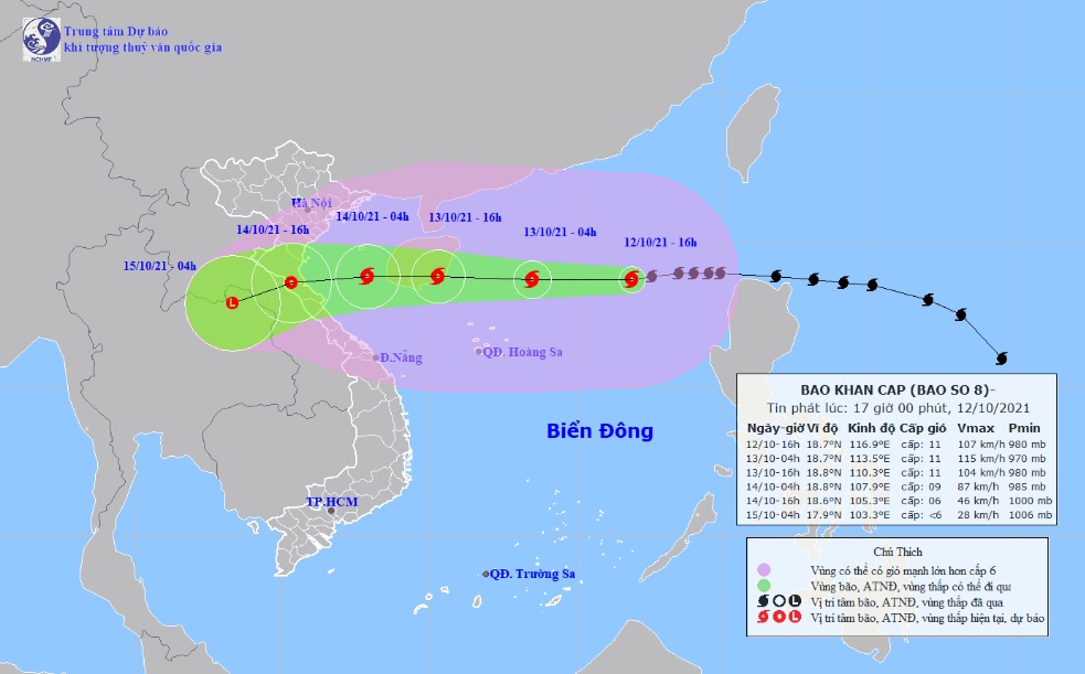 Vị trí và hướng di chuyển tiếp theo của bão số 8 Kompasu. Ảnh: Trung tâm Dự báo KTTVQG.
