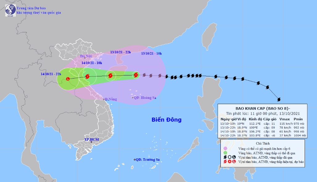 Vị trí và hướng di chuyển tiếp theo của bão số 8 Kompasu. Ảnh: Trung tâm Dự báo KTTVQG.