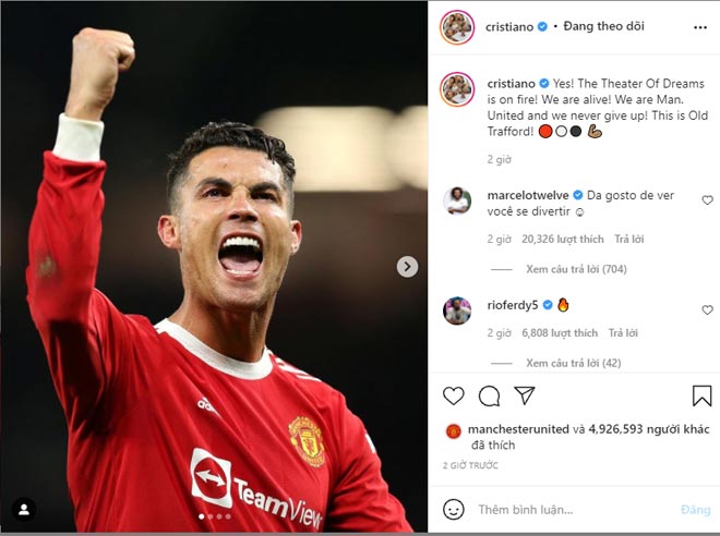 CR7 phấn khích chia sẻ niềm vui và sự tự hào khi cùng các đồng đội vượt khó thành công ở Old Trafford