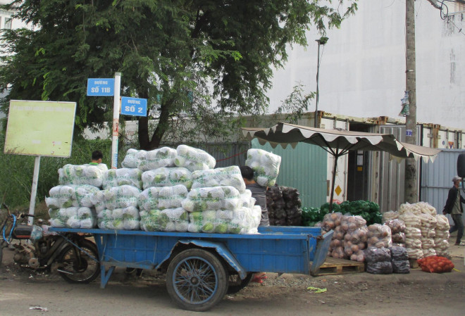 Bắp cải Trung Quốc (trên xe) đóng gói chuyên nghiệp bên cạnh nông sản Việt Nam đóng túi đơn giản - Ảnh: Ngọc Ánh