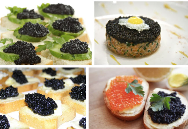 Caviar thường ăn kèm bánh mì, bánh kếp và thêm một chút bơ