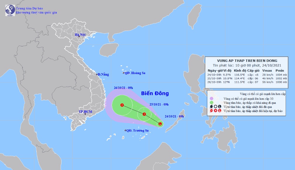 Vị trí và hướng di chuyển tiếp theo của vùng áp thấp trên Biển Đông. Ảnh: Trung tâm Dự báo KTTVQG.