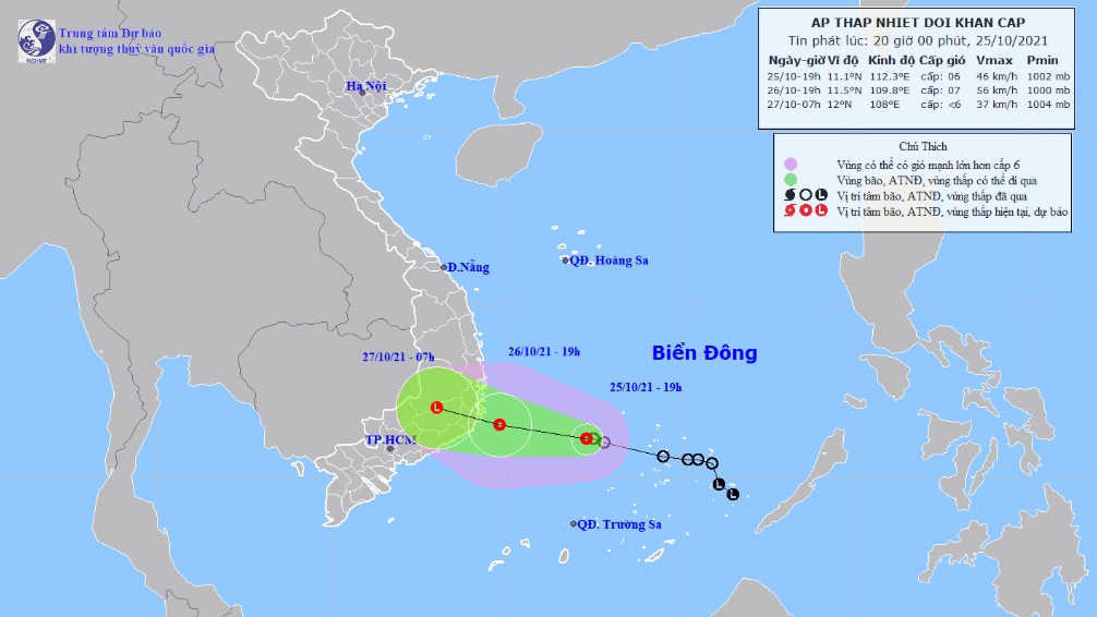 Vị trí và hướng di chuyển tiếp theo của áp thấp nhiệt đới. Ảnh: Trung tâm Dự báo KTTVQG.