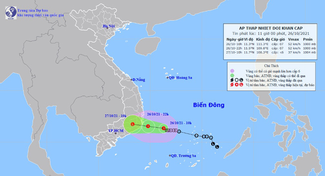 Vị trí và hướng di chuyển tiếp theo của áp thấp nhiệt đới, Ảnh: Trung tâm Dự báo KTTVQG.