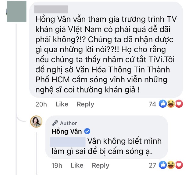 Một cư dân mạng bình luận tiêu cực yêu cầu "cấm sóng" khiến nghệ sĩ Hồng Vân phải lên tiếng