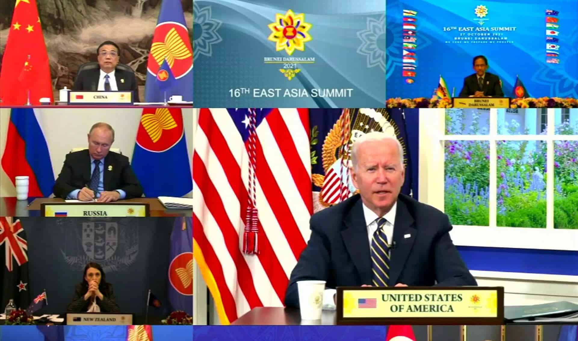 Tổng thống Mỹ Biden phát biểu trong hội nghị có sự tham gia của Thủ tướng Trung Quốc Lý Khắc Cường (góc trên bên trái) và nhiều lãnh đạo thế giới (ảnh: Reuters)
