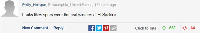 Những bình luận trên tờ Daily Mail: "Có vẻ Tottenham mới là người thắng của trận El Sackico" - chơi chữ của trận "El Clasico" và từ "Sack" (sa thải)